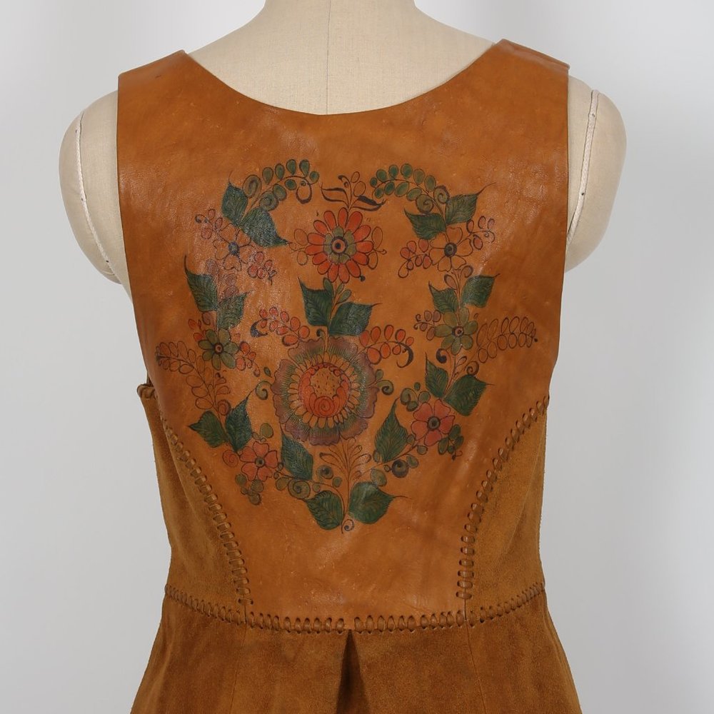 Vintage CHAR Leather Dress 70s Hippie Boho Handmade Hand Painted Florals - Picture 7 of 7